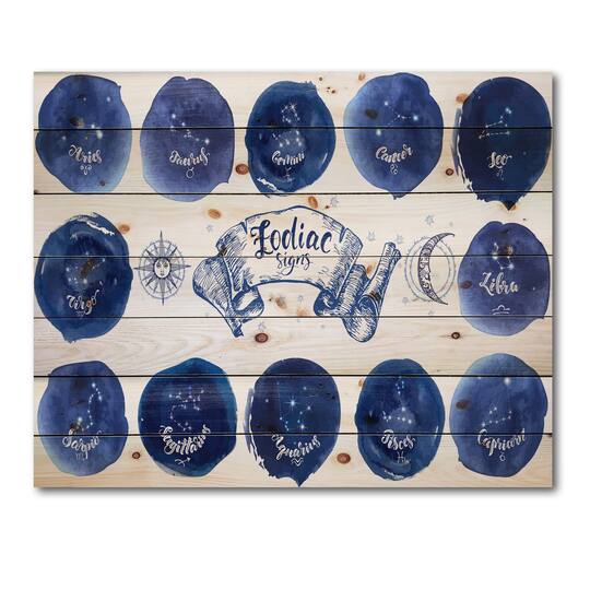 Designart - Collection of Astrology Signs On Blue - Modern Print on Natural Pine Wood